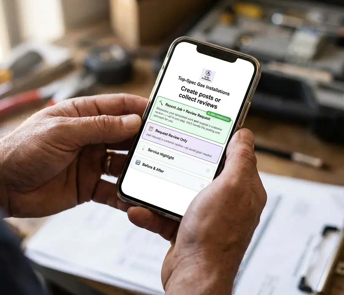 A business owner sending a job photo from his phone