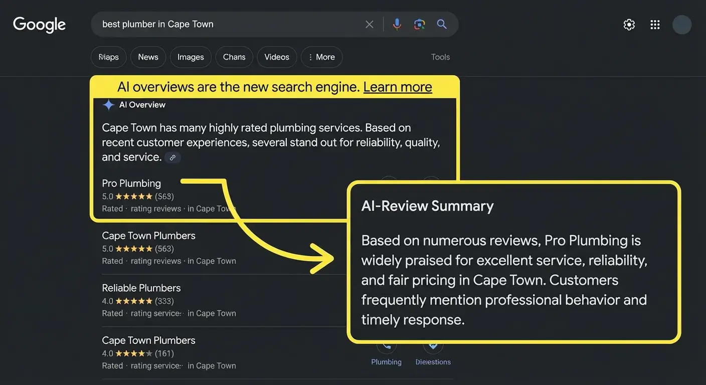 Google AI Overview on desktop - reviews featured prominently