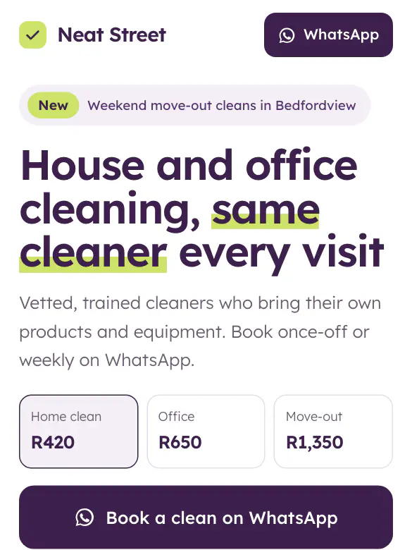 Example website design for Neat Street Cleaning, cleaning services