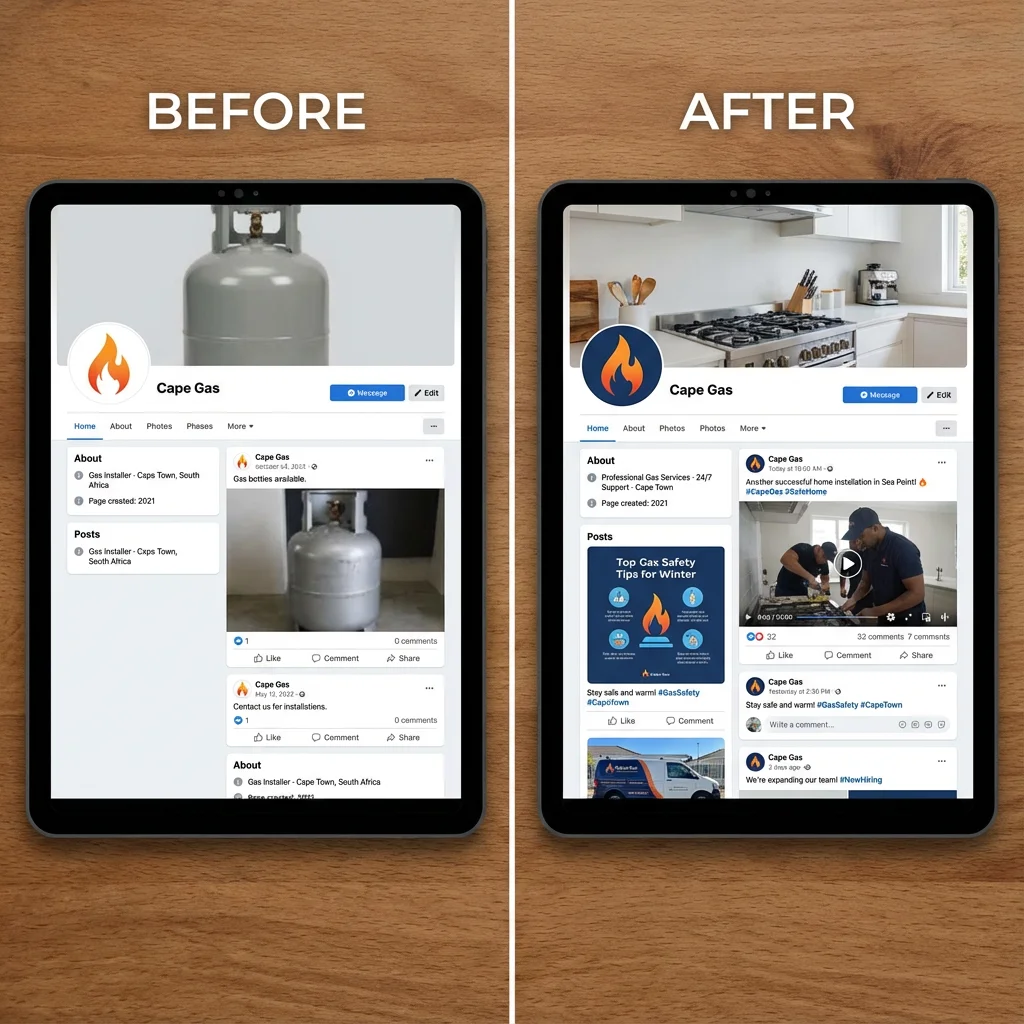 Before and after comparison showing a gas installation business Facebook page transformation with professional posts