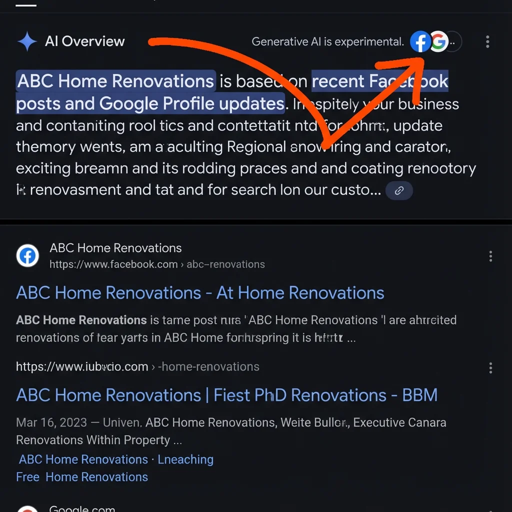 Google AI Overview for ABC Home Renovations - showing recent activity and social presence