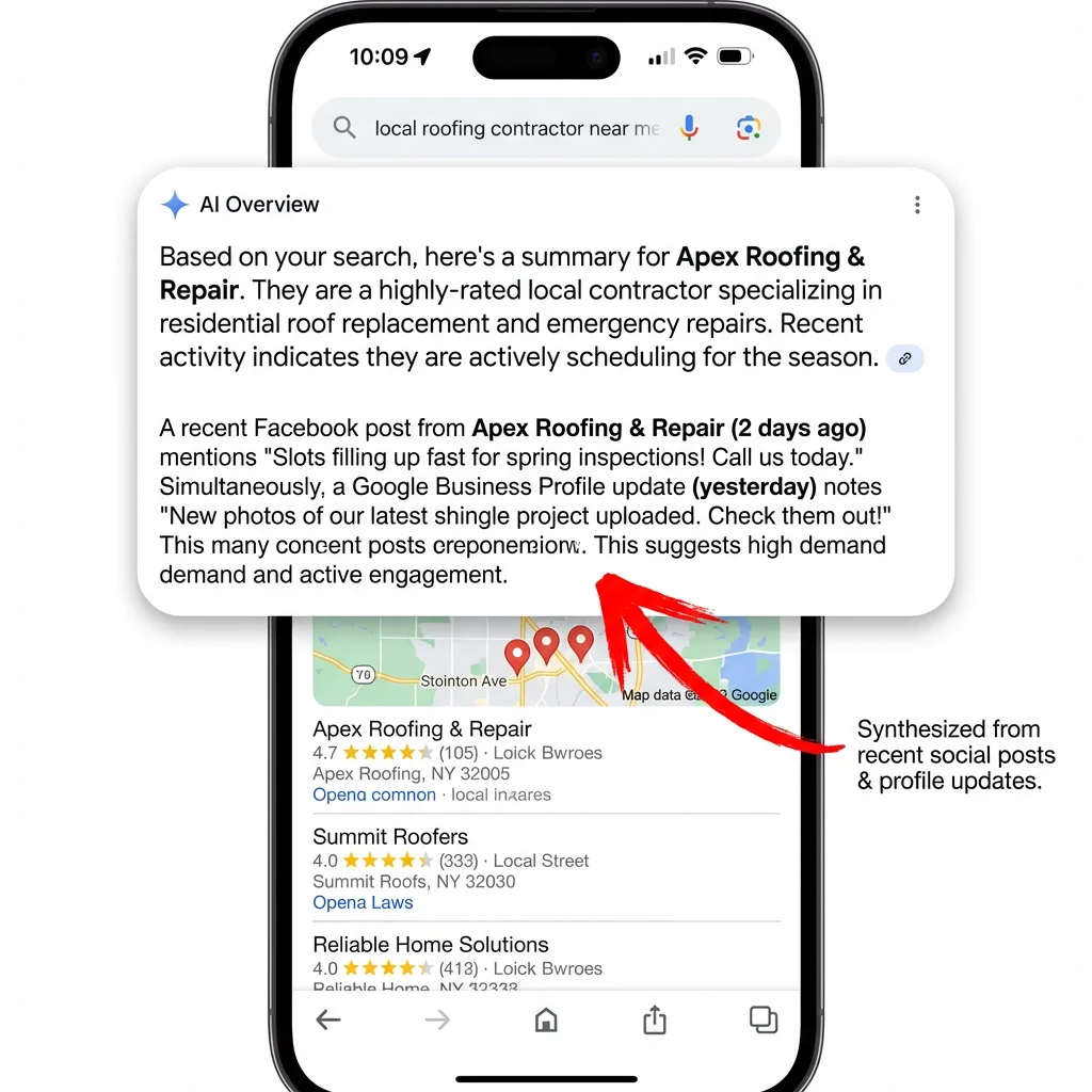 Google AI Overview on mobile showing Apex Roofing business with synthesized information from social posts and reviews