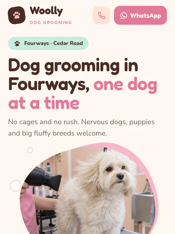 Example website design for Woolly Dog Grooming, dog grooming