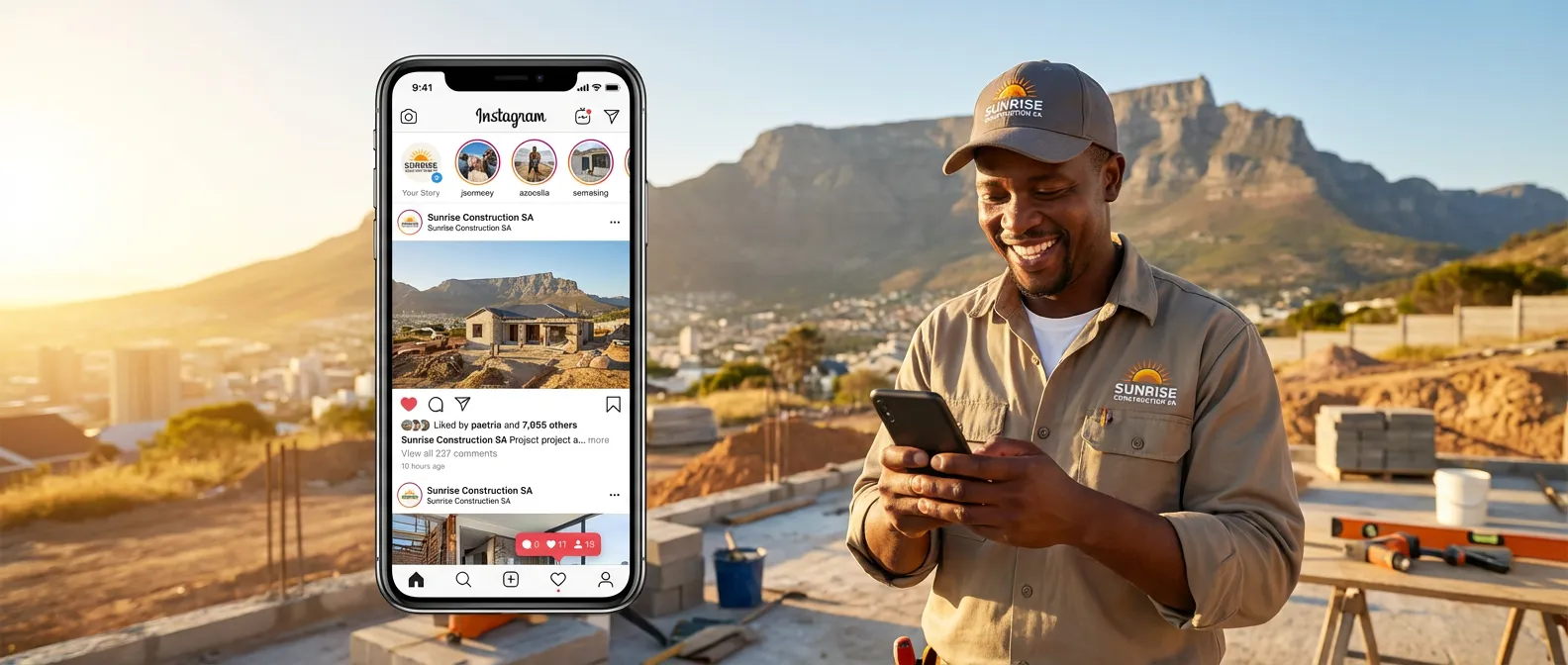 Happy contractor with professional social media presence