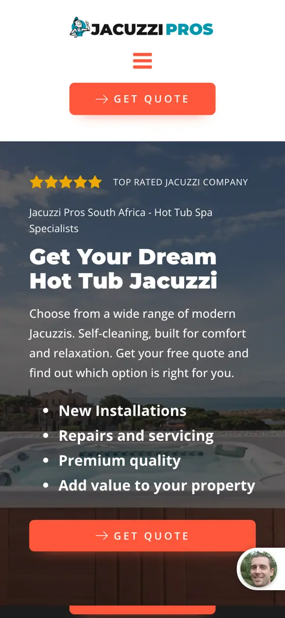 jacuzzipros.co.za website on mobile