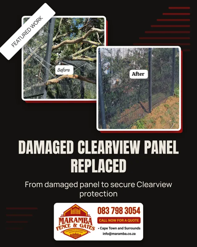 Post for Maramba Fencing and Gates: Before: a damaged 2.4 m-high Clearview fence panel weakened the perimeter. After replacement, the new high-security pane