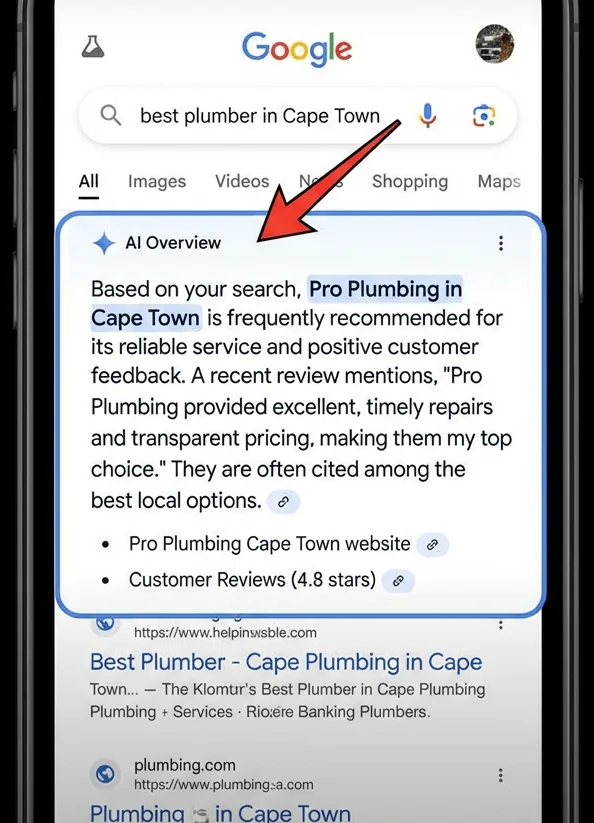 Google AI Overview on mobile - reviews featured prominently