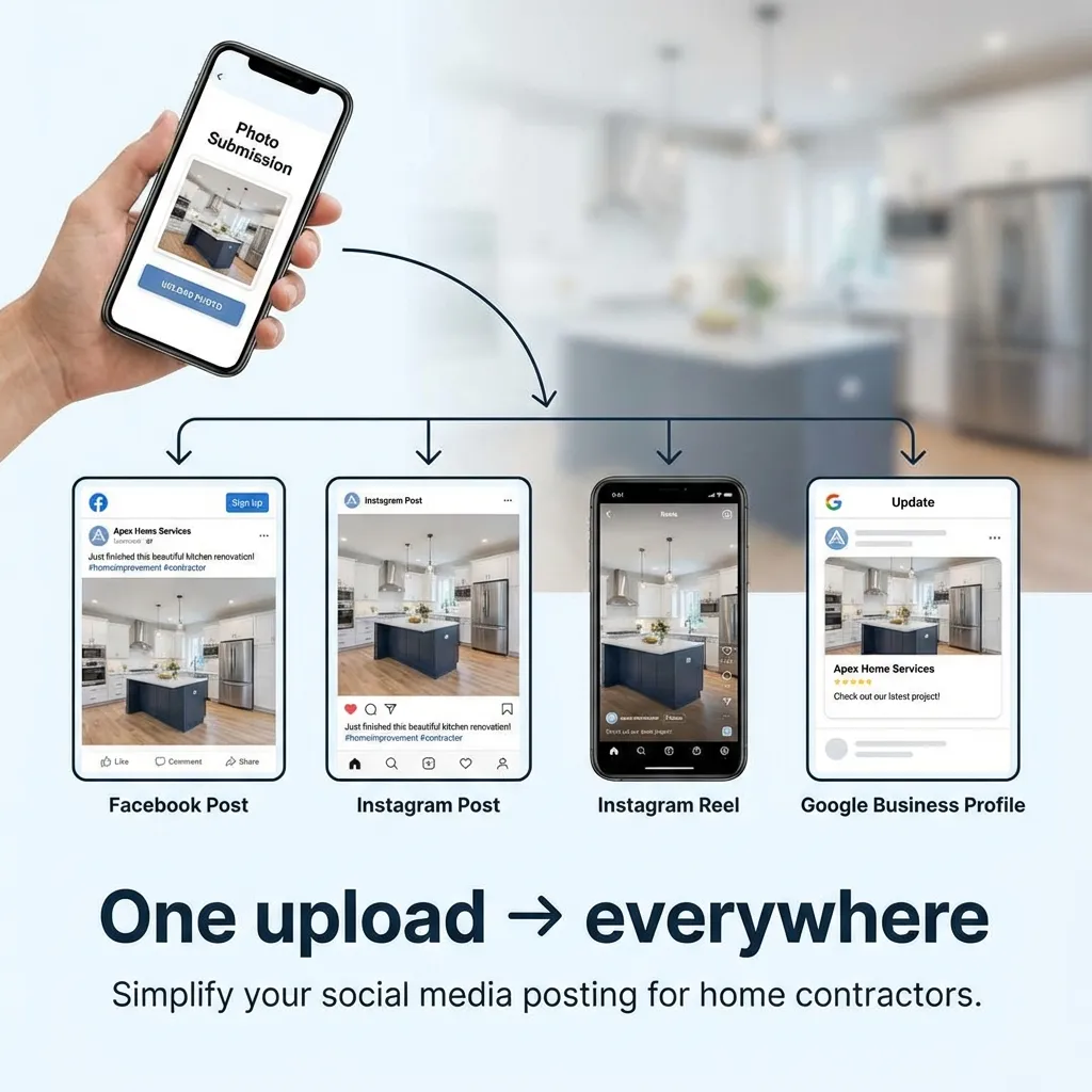 One upload posts everywhere - contractor dashboard showing scheduled posts across Facebook, Instagram, and Google