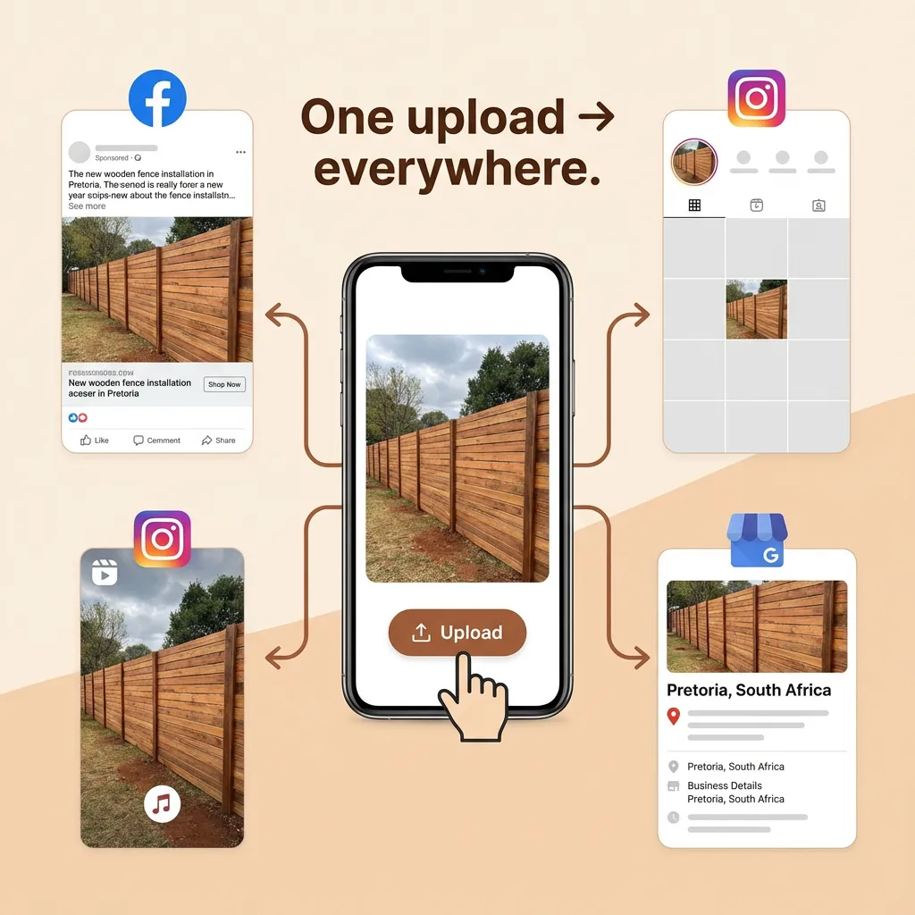 One photo upload spreading to Facebook, Instagram, Instagram Reel, and Google Business - one upload posts everywhere