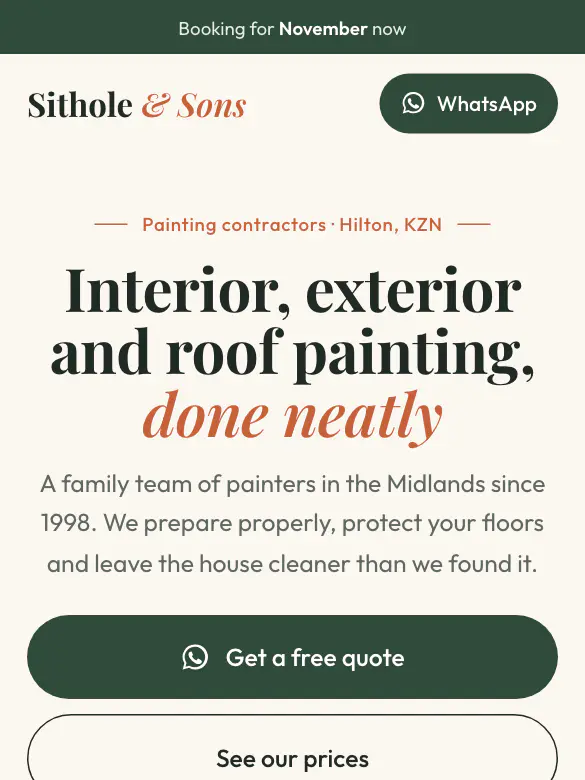 Example website design for Sithole & Sons Painting, painting contractors