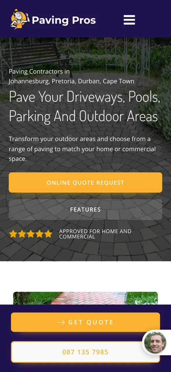 pavingpros.co.za website on mobile