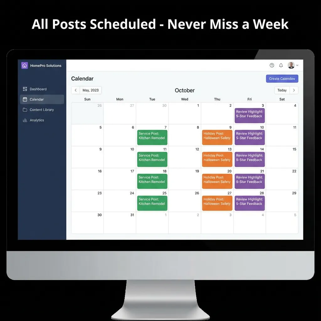 Monthly post calendar showing consistent posting schedule with service posts, holiday posts, and review highlights