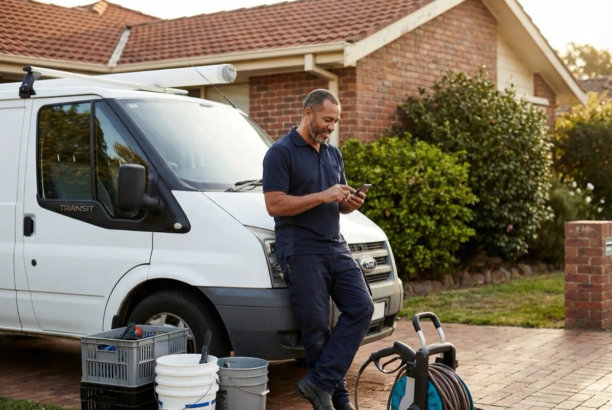 Contractor leaning against van, logging a job on his phone