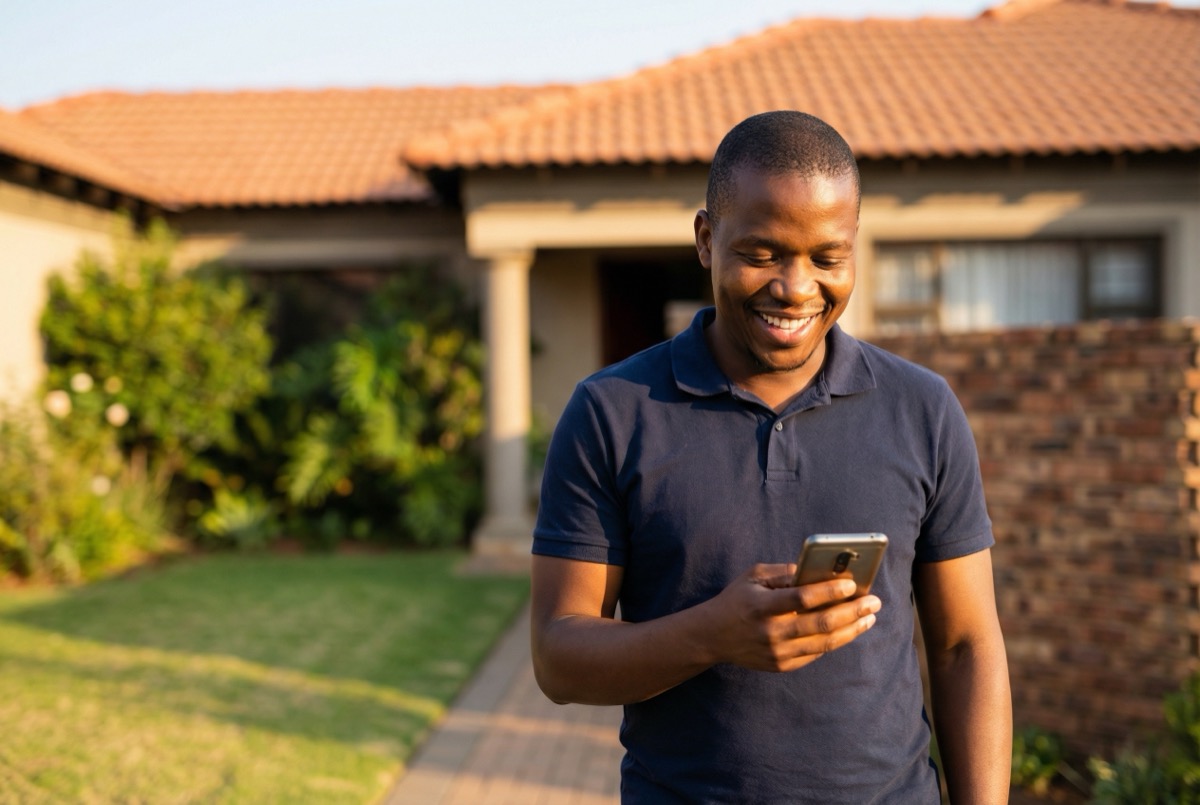 SA contractor holding phone with WhatsApp booking messages floating around him