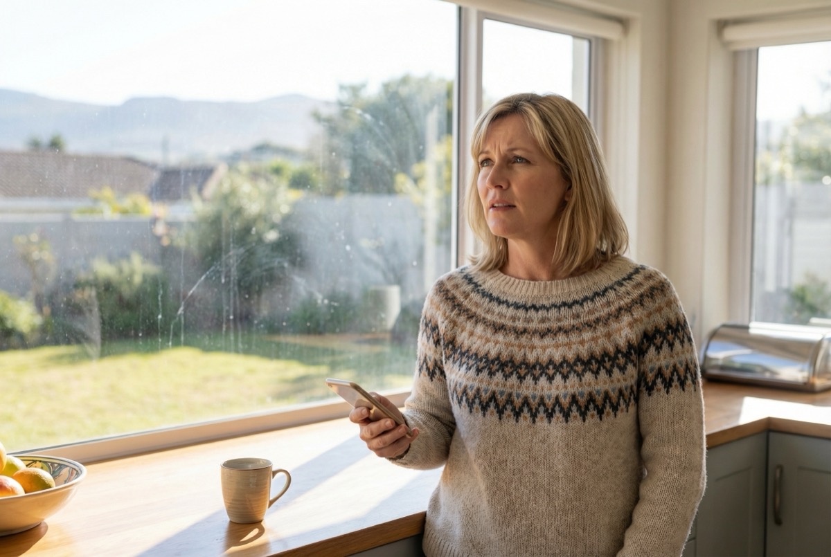 Homeowner looking out dirty window with missed rebooking notifications floating around