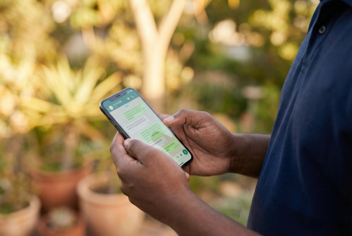 Hands holding phone with WhatsApp booking conversation
