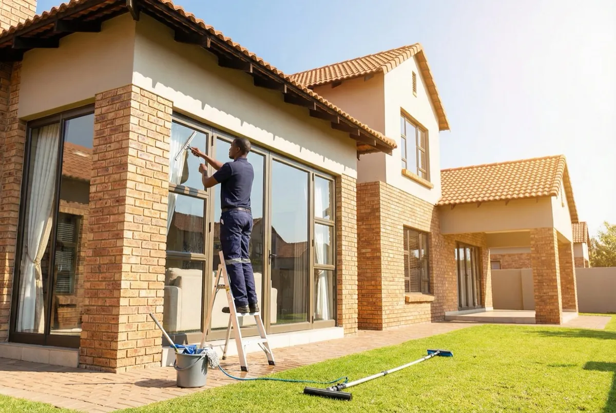 Professional window cleaner working at a suburban South African home