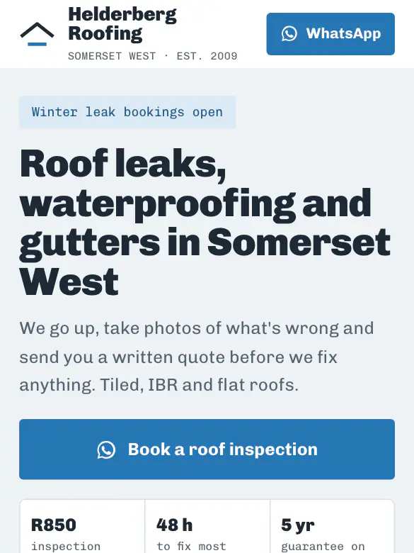 Example website design for Helderberg Roofing, roofing
