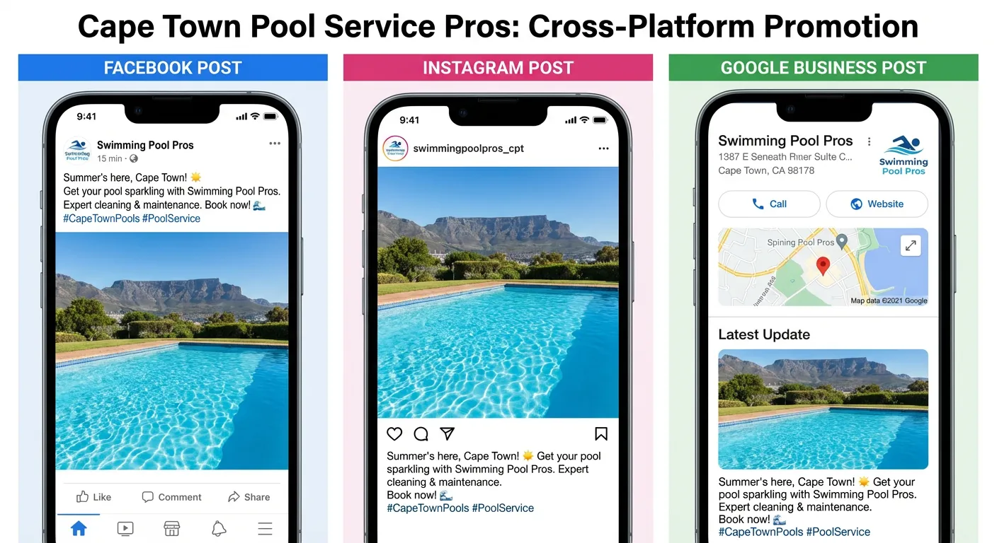 Same post shown on Facebook, Instagram, and Google Business Profile - one upload to three platforms