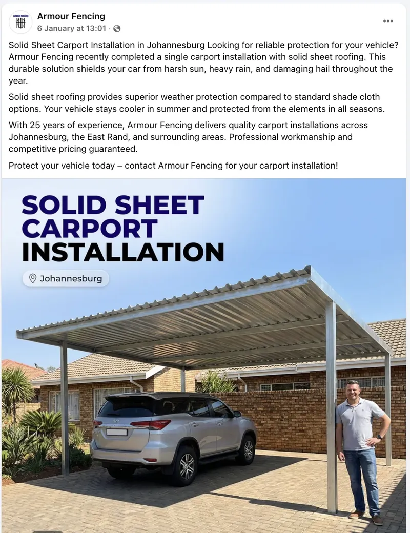 Carport fencing job completion post - professional social media content