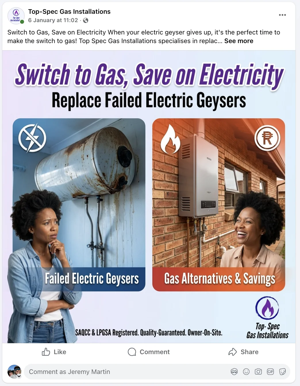Gas geyser service promotion post - professional service highlight