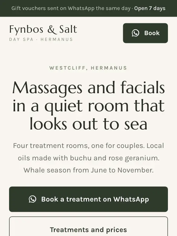 Example website design for Fynbos & Salt Day Spa, day spa