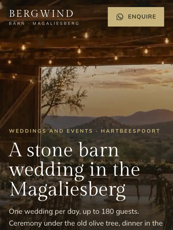 Example website design for Bergwind Barn, wedding and events venue