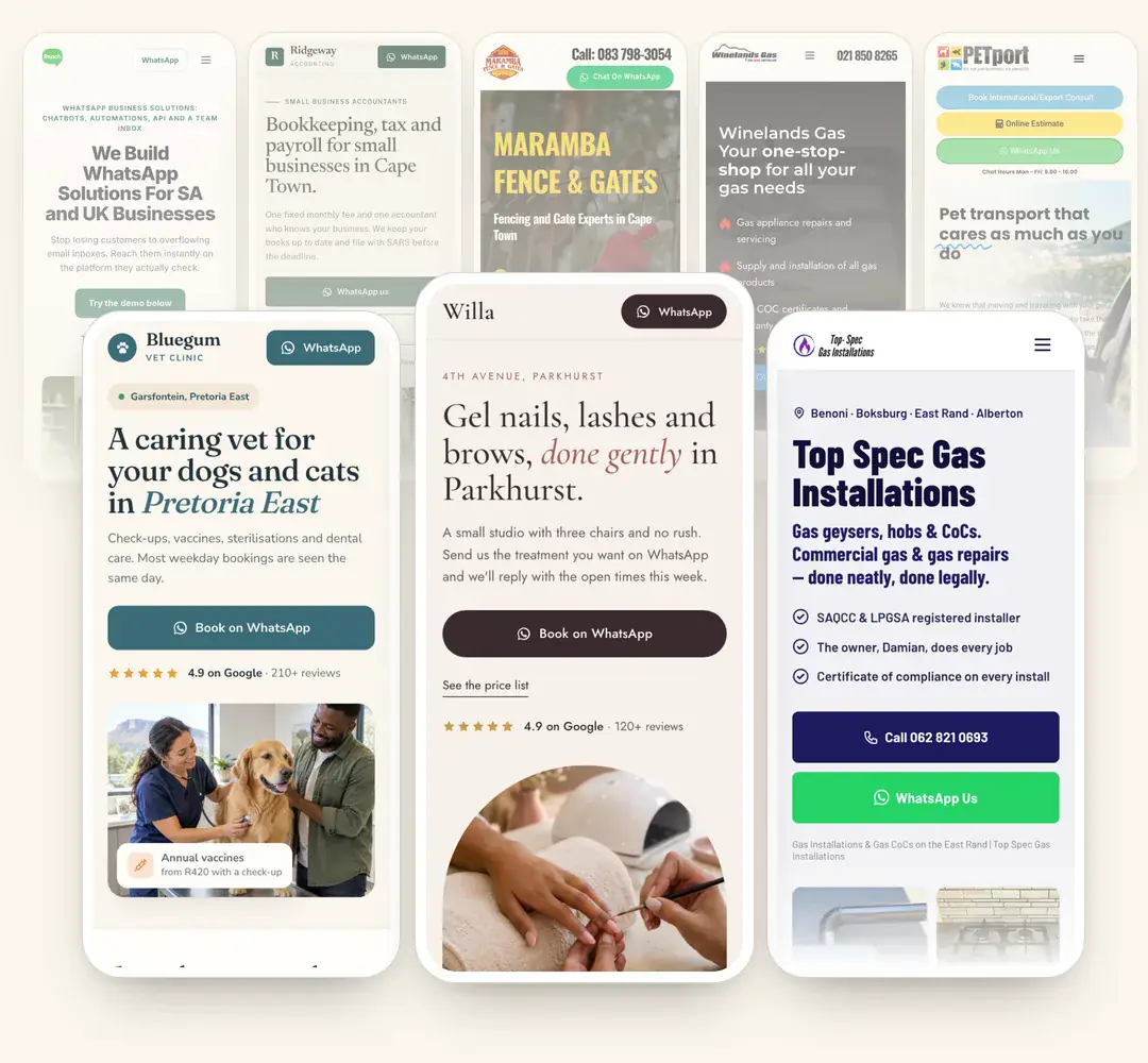 Websites we built for South African businesses, shown on phones