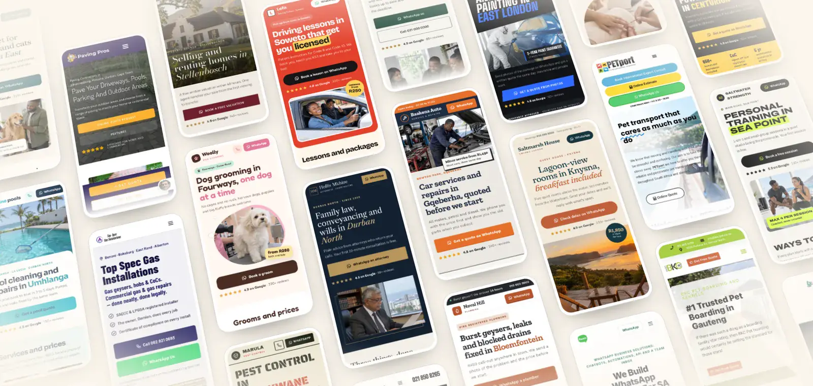 Websites we built on phones, each for a different business: paving, gas, pet transport, fencing, a vet clinic, attorneys, a driving school, plumbers, an estate agent, a guest house, pool cleaning, dog grooming, tutoring, a panel beater and more