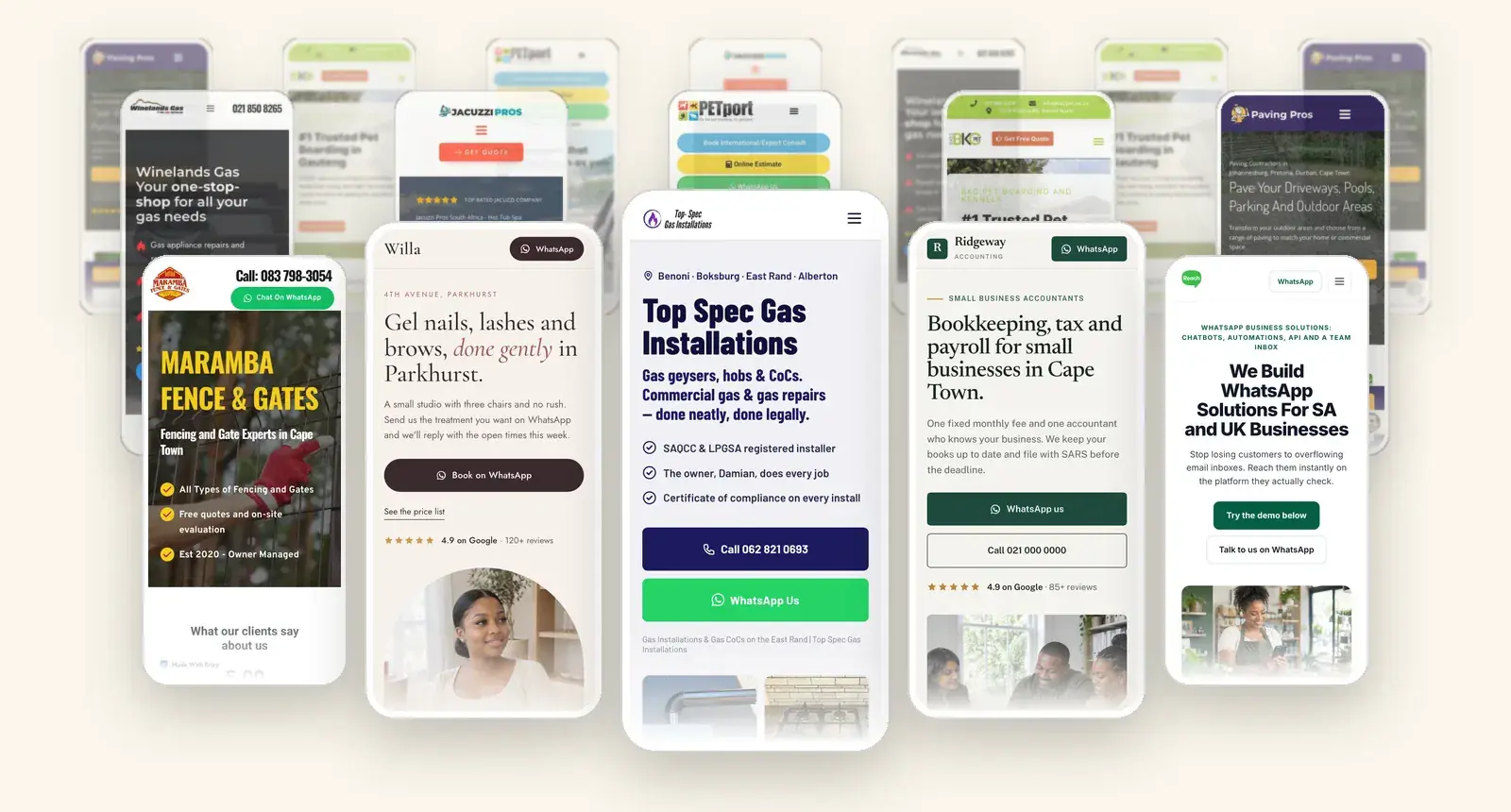 Websites we built, on phones: Top Spec Gas Installations, ReachMax, Maramba Fence & Gates, Winelands Gas, PETport, BKC Pet, Jacuzzi Pros and Paving Pros, and two example designs for a nail and lash studio and an accounting firm
