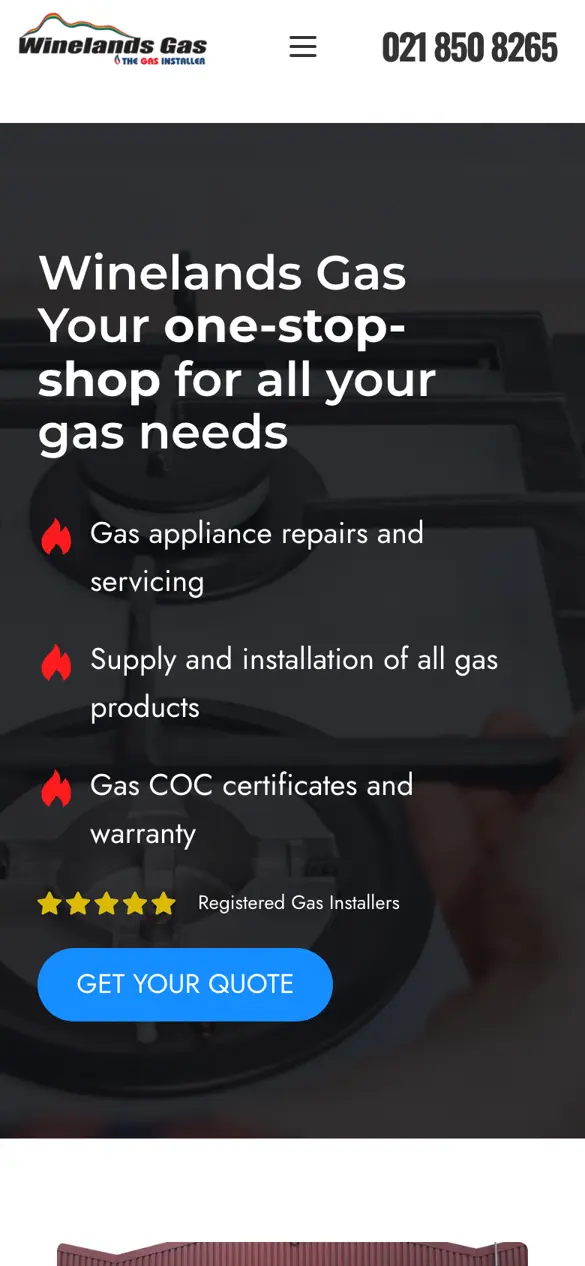 winelandsgas.co.za website on mobile